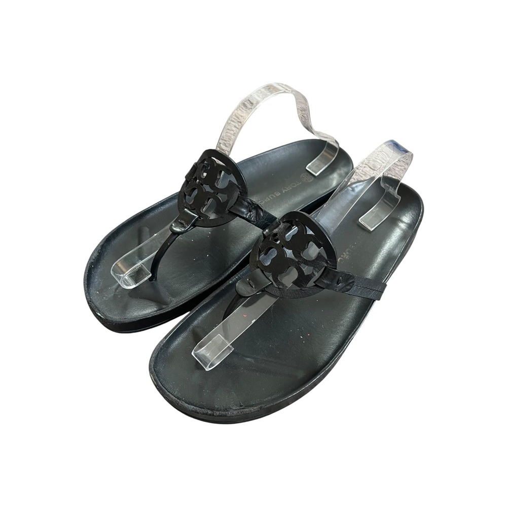 Tory Burch Miller Cloud Black Leather Logo Thong Sandals Platform Size 13M 81032